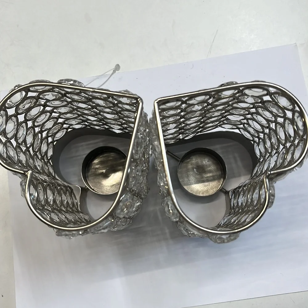 Crystal heart candle holder 2 pieces set with polished chrome and plated iron